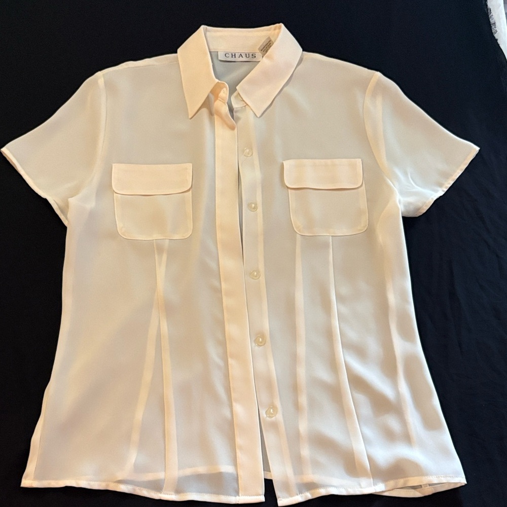 Chaus Cream Button-Up Blouse with Pocket Details sheer. Classy.